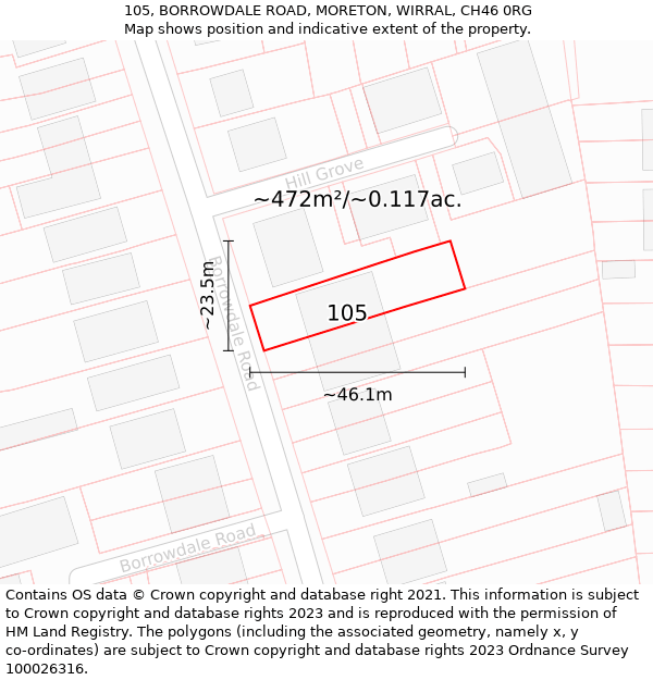 105, BORROWDALE ROAD, MORETON, WIRRAL, CH46 0RG: Plot and title map