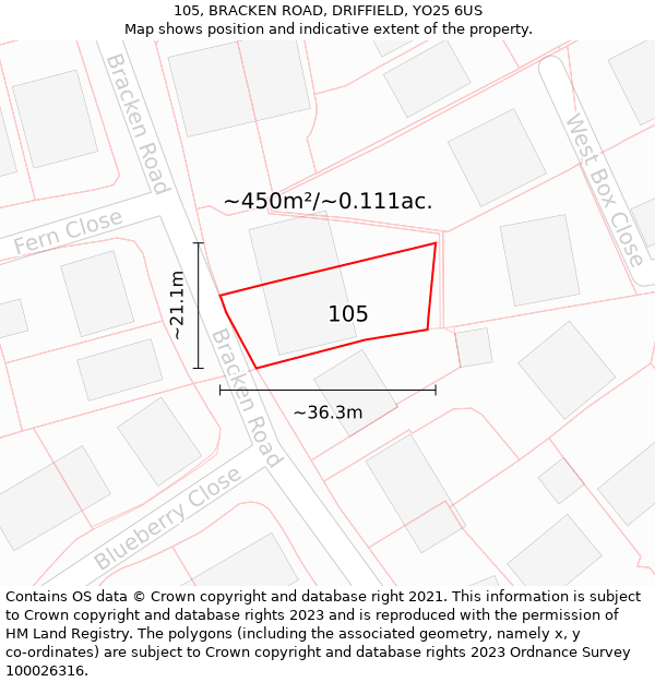 105, BRACKEN ROAD, DRIFFIELD, YO25 6US: Plot and title map