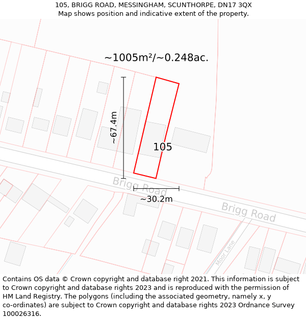 105, BRIGG ROAD, MESSINGHAM, SCUNTHORPE, DN17 3QX: Plot and title map