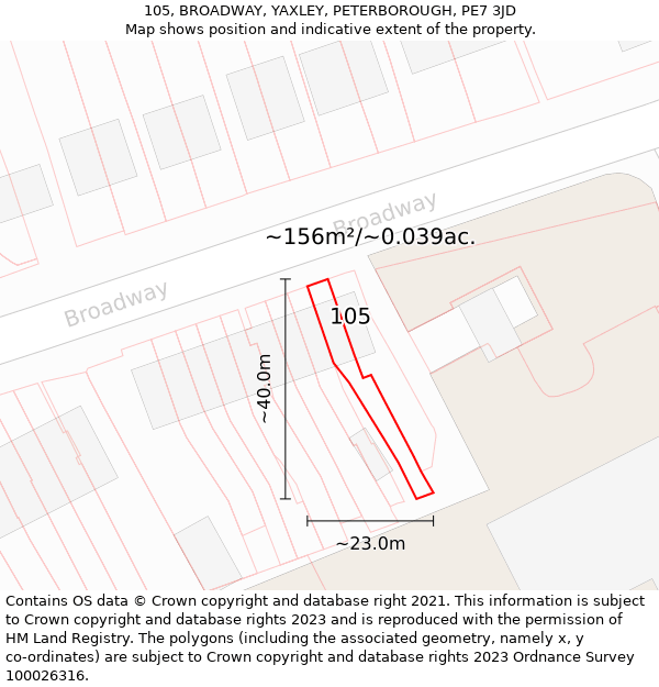 105, BROADWAY, YAXLEY, PETERBOROUGH, PE7 3JD: Plot and title map