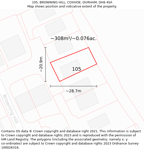105, BROWNING HILL, COXHOE, DURHAM, DH6 4SA: Plot and title map