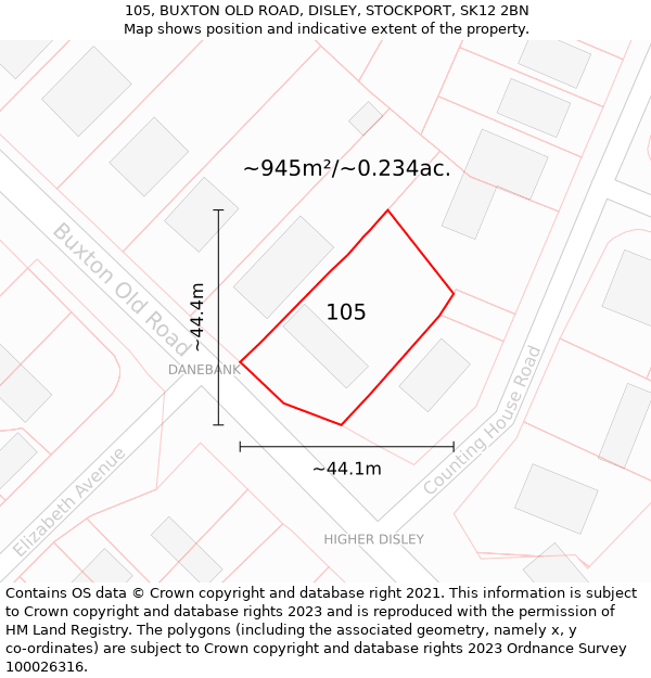 105, BUXTON OLD ROAD, DISLEY, STOCKPORT, SK12 2BN: Plot and title map