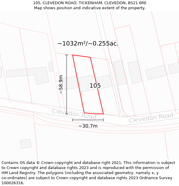 105, CLEVEDON ROAD, TICKENHAM, CLEVEDON, BS21 6RE: Plot and title map