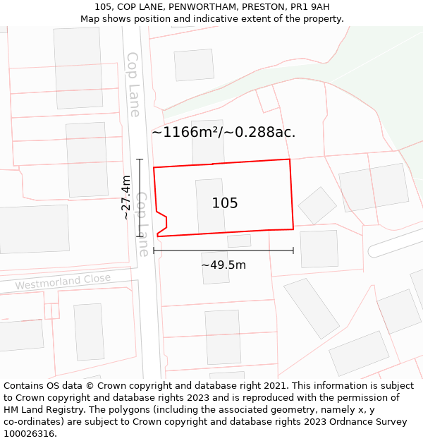 105, COP LANE, PENWORTHAM, PRESTON, PR1 9AH: Plot and title map