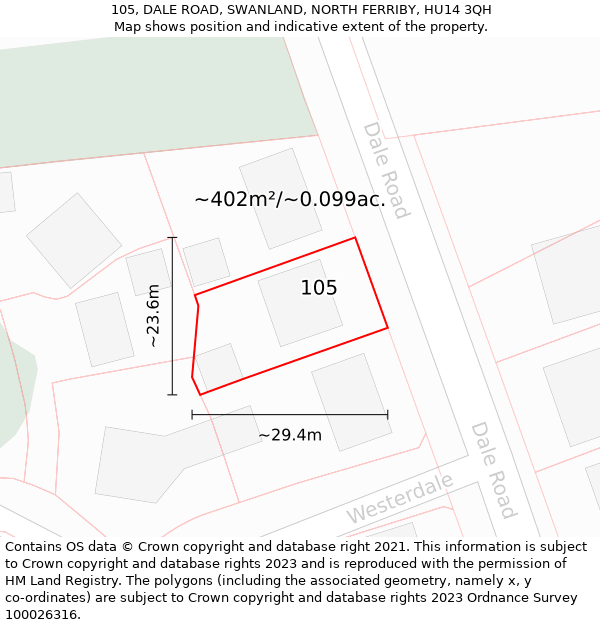 105, DALE ROAD, SWANLAND, NORTH FERRIBY, HU14 3QH: Plot and title map