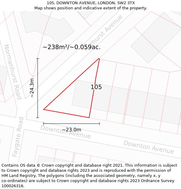 105, DOWNTON AVENUE, LONDON, SW2 3TX: Plot and title map