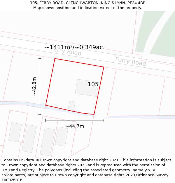 105, FERRY ROAD, CLENCHWARTON, KING'S LYNN, PE34 4BP: Plot and title map
