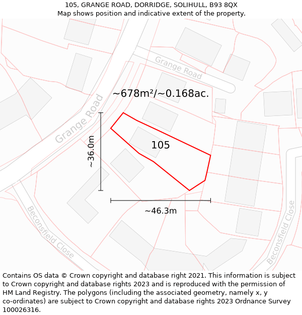 105, GRANGE ROAD, DORRIDGE, SOLIHULL, B93 8QX: Plot and title map