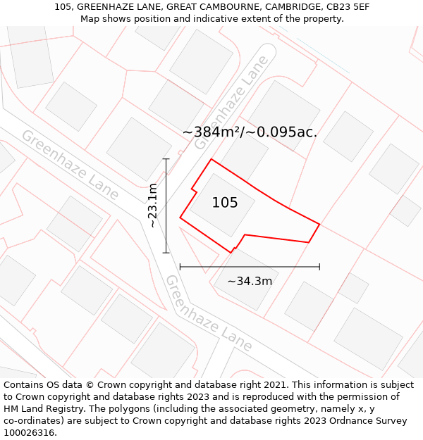 105, GREENHAZE LANE, GREAT CAMBOURNE, CAMBRIDGE, CB23 5EF: Plot and title map