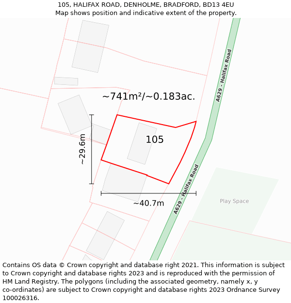 105, HALIFAX ROAD, DENHOLME, BRADFORD, BD13 4EU: Plot and title map