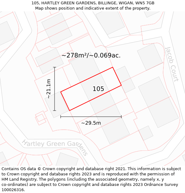 105, HARTLEY GREEN GARDENS, BILLINGE, WIGAN, WN5 7GB: Plot and title map