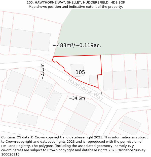 105, HAWTHORNE WAY, SHELLEY, HUDDERSFIELD, HD8 8QF: Plot and title map