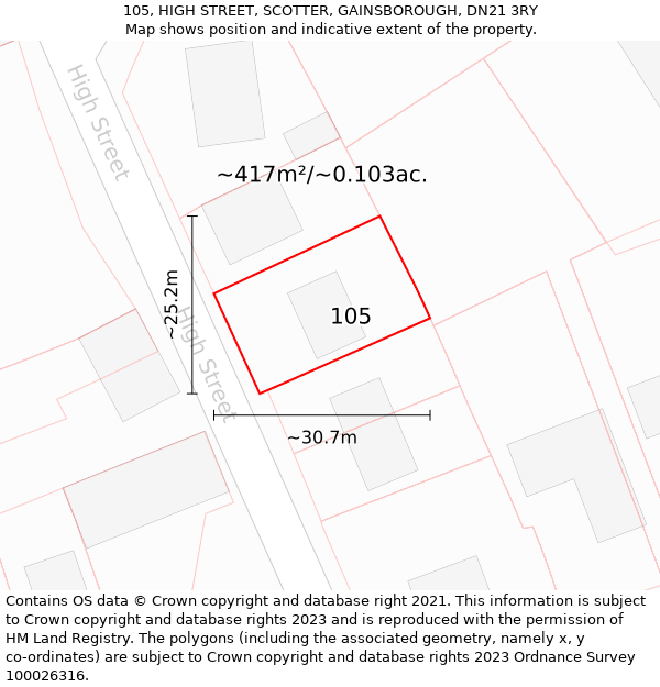 105, HIGH STREET, SCOTTER, GAINSBOROUGH, DN21 3RY: Plot and title map