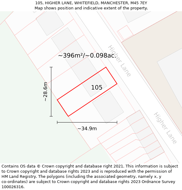 105, HIGHER LANE, WHITEFIELD, MANCHESTER, M45 7EY: Plot and title map