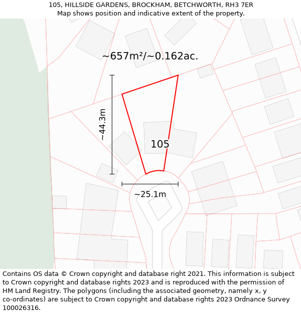 105, HILLSIDE GARDENS, BROCKHAM, BETCHWORTH, RH3 7ER: Plot and title map