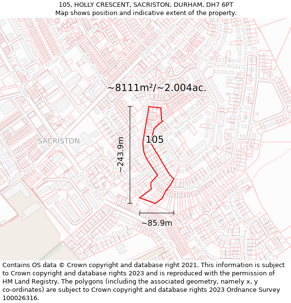 105, HOLLY CRESCENT, SACRISTON, DURHAM, DH7 6PT: Plot and title map