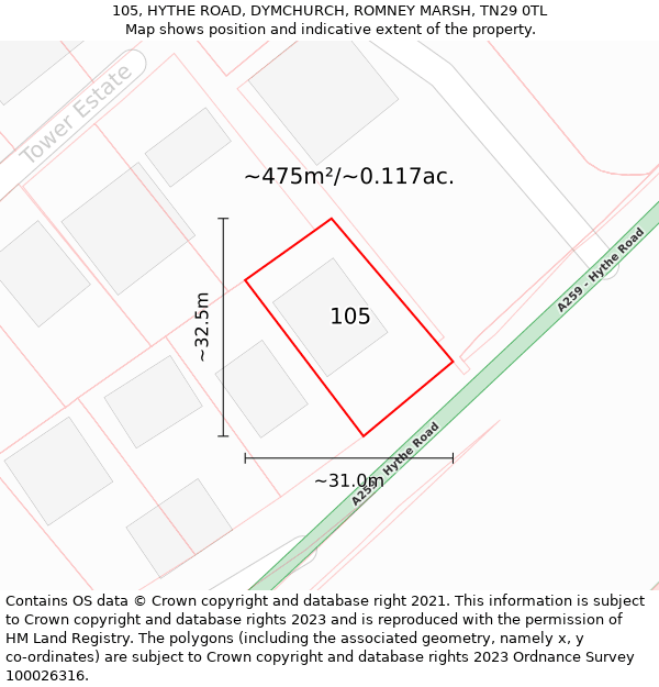 105, HYTHE ROAD, DYMCHURCH, ROMNEY MARSH, TN29 0TL: Plot and title map