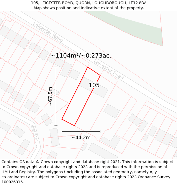 105, LEICESTER ROAD, QUORN, LOUGHBOROUGH, LE12 8BA: Plot and title map