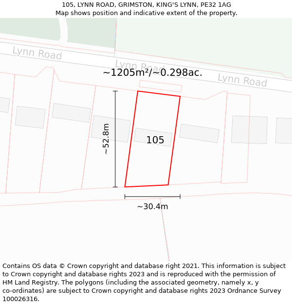 105, LYNN ROAD, GRIMSTON, KING'S LYNN, PE32 1AG: Plot and title map