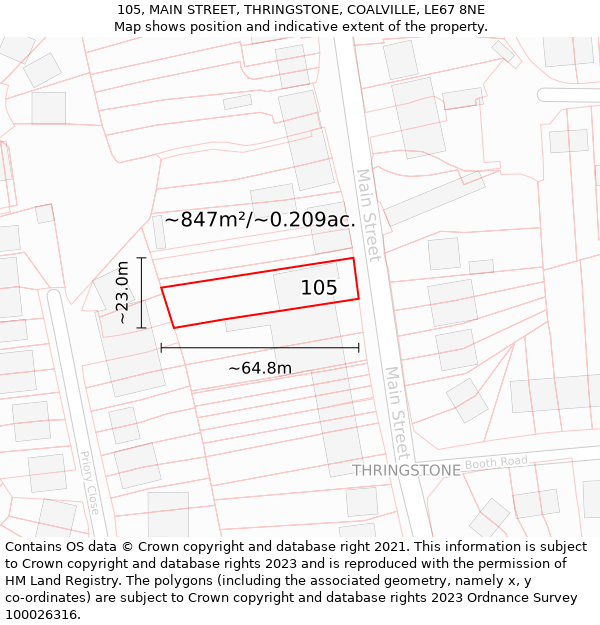 105, MAIN STREET, THRINGSTONE, COALVILLE, LE67 8NE: Plot and title map