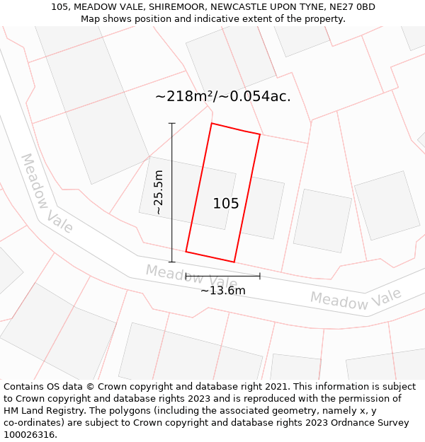 105, MEADOW VALE, SHIREMOOR, NEWCASTLE UPON TYNE, NE27 0BD: Plot and title map