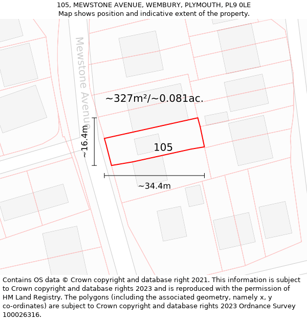 105, MEWSTONE AVENUE, WEMBURY, PLYMOUTH, PL9 0LE: Plot and title map