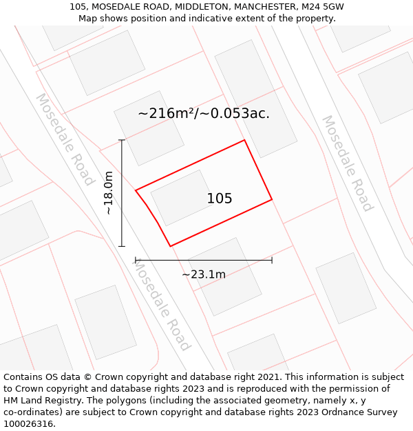 105, MOSEDALE ROAD, MIDDLETON, MANCHESTER, M24 5GW: Plot and title map