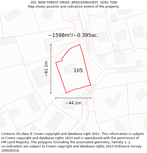 105, NEW FOREST DRIVE, BROCKENHURST, SO42 7QW: Plot and title map