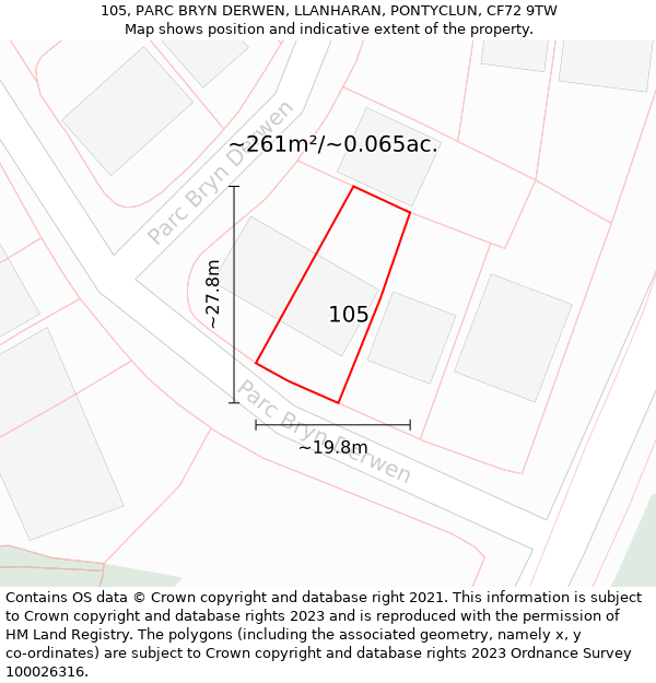 105, PARC BRYN DERWEN, LLANHARAN, PONTYCLUN, CF72 9TW: Plot and title map