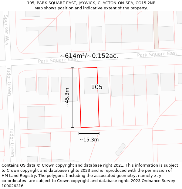 105, PARK SQUARE EAST, JAYWICK, CLACTON-ON-SEA, CO15 2NR: Plot and title map