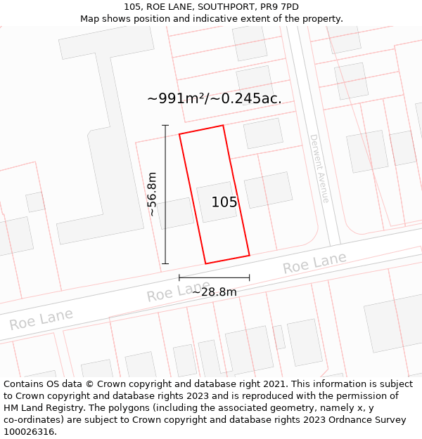 105, ROE LANE, SOUTHPORT, PR9 7PD: Plot and title map