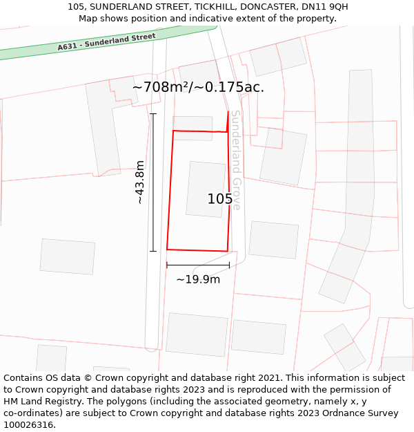 105, SUNDERLAND STREET, TICKHILL, DONCASTER, DN11 9QH: Plot and title map