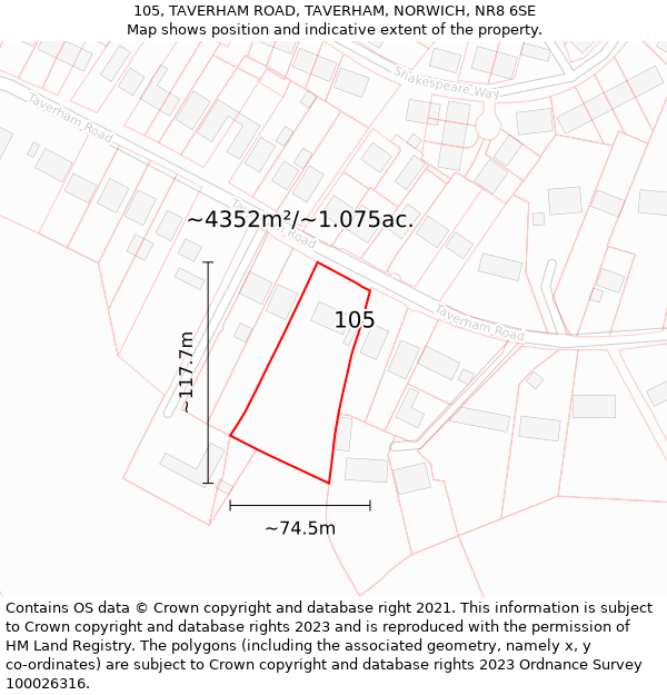 105, TAVERHAM ROAD, TAVERHAM, NORWICH, NR8 6SE: Plot and title map