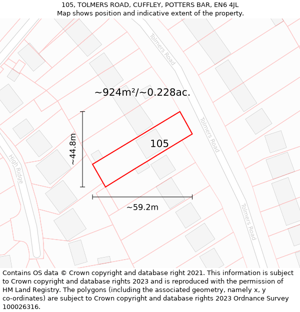 105, TOLMERS ROAD, CUFFLEY, POTTERS BAR, EN6 4JL: Plot and title map