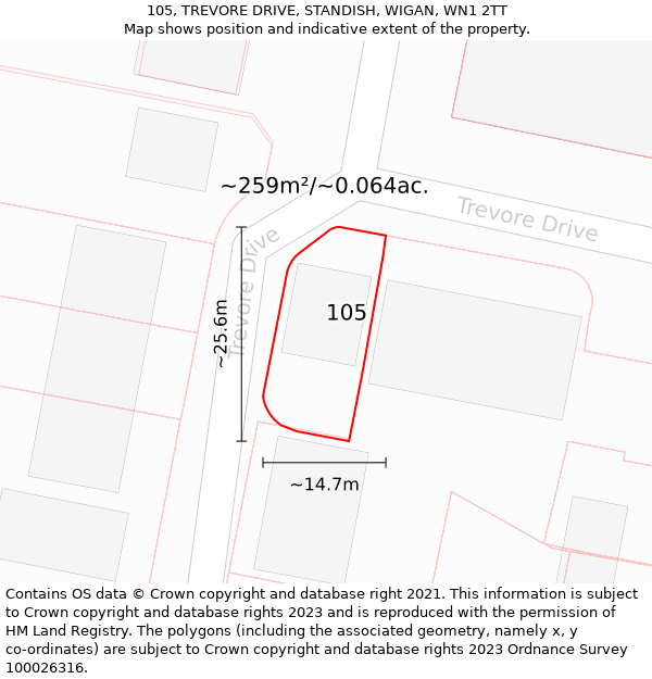 105, TREVORE DRIVE, STANDISH, WIGAN, WN1 2TT: Plot and title map