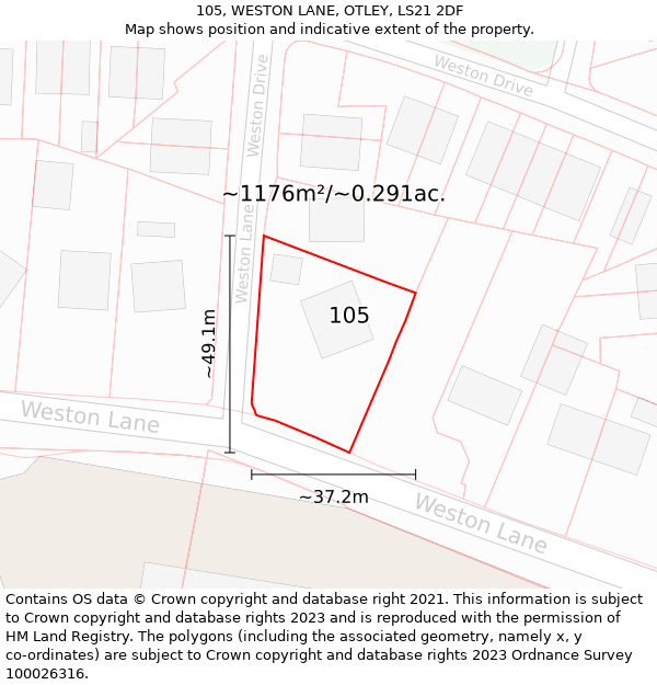 105, WESTON LANE, OTLEY, LS21 2DF: Plot and title map