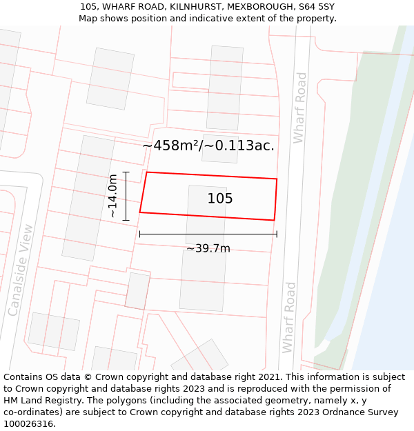 105, WHARF ROAD, KILNHURST, MEXBOROUGH, S64 5SY: Plot and title map