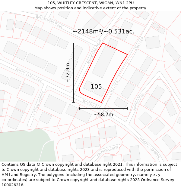 105, WHITLEY CRESCENT, WIGAN, WN1 2PU: Plot and title map