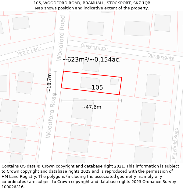 105, WOODFORD ROAD, BRAMHALL, STOCKPORT, SK7 1QB: Plot and title map