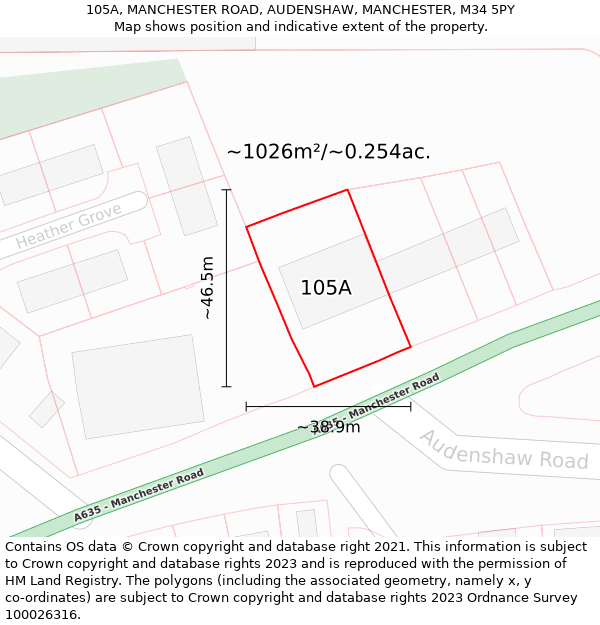 105A, MANCHESTER ROAD, AUDENSHAW, MANCHESTER, M34 5PY: Plot and title map