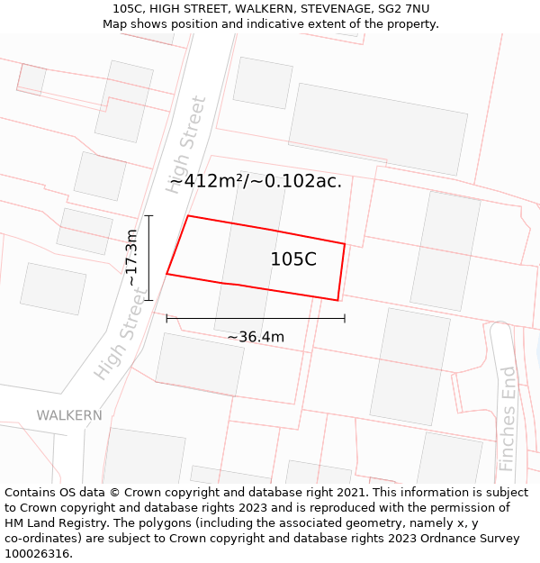 105C, HIGH STREET, WALKERN, STEVENAGE, SG2 7NU: Plot and title map