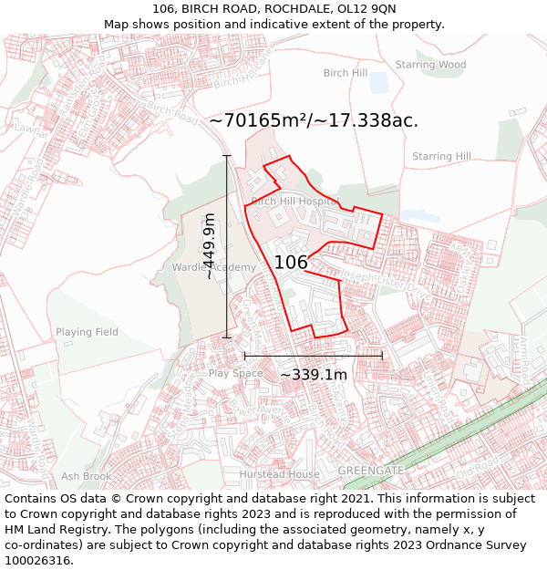 106, BIRCH ROAD, ROCHDALE, OL12 9QN: Plot and title map