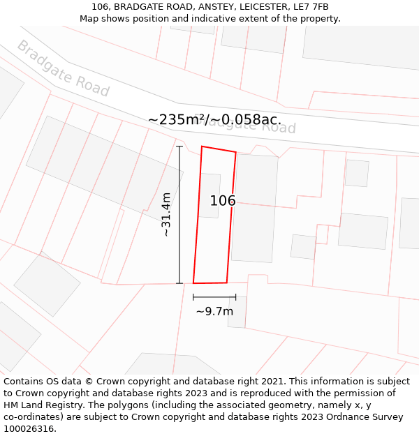 106, BRADGATE ROAD, ANSTEY, LEICESTER, LE7 7FB: Plot and title map