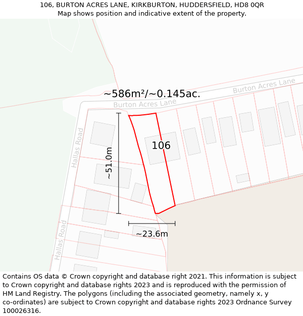 106, BURTON ACRES LANE, KIRKBURTON, HUDDERSFIELD, HD8 0QR: Plot and title map