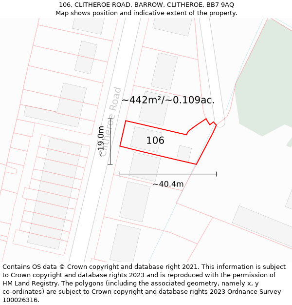 106, CLITHEROE ROAD, BARROW, CLITHEROE, BB7 9AQ: Plot and title map