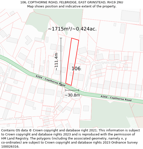 106, COPTHORNE ROAD, FELBRIDGE, EAST GRINSTEAD, RH19 2NU: Plot and title map