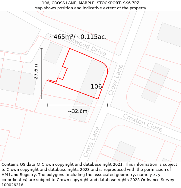 106, CROSS LANE, MARPLE, STOCKPORT, SK6 7PZ: Plot and title map