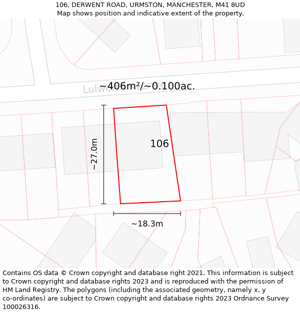 106, DERWENT ROAD, URMSTON, MANCHESTER, M41 8UD: Plot and title map