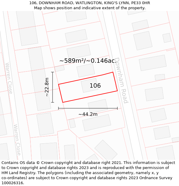 106, DOWNHAM ROAD, WATLINGTON, KING'S LYNN, PE33 0HR: Plot and title map