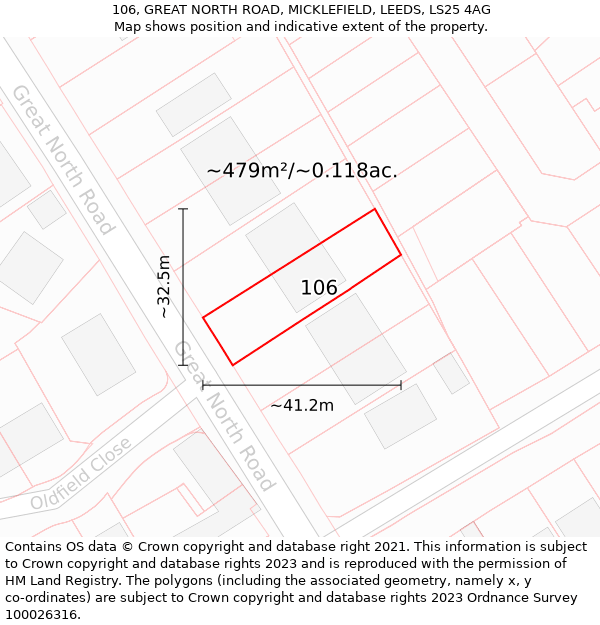 106, GREAT NORTH ROAD, MICKLEFIELD, LEEDS, LS25 4AG: Plot and title map